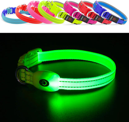 USB Rechargeable LED Dog Collar - Adjustable and Durable Light-Up Collar for Cats and Dogs of All Sizes (Green, XS)