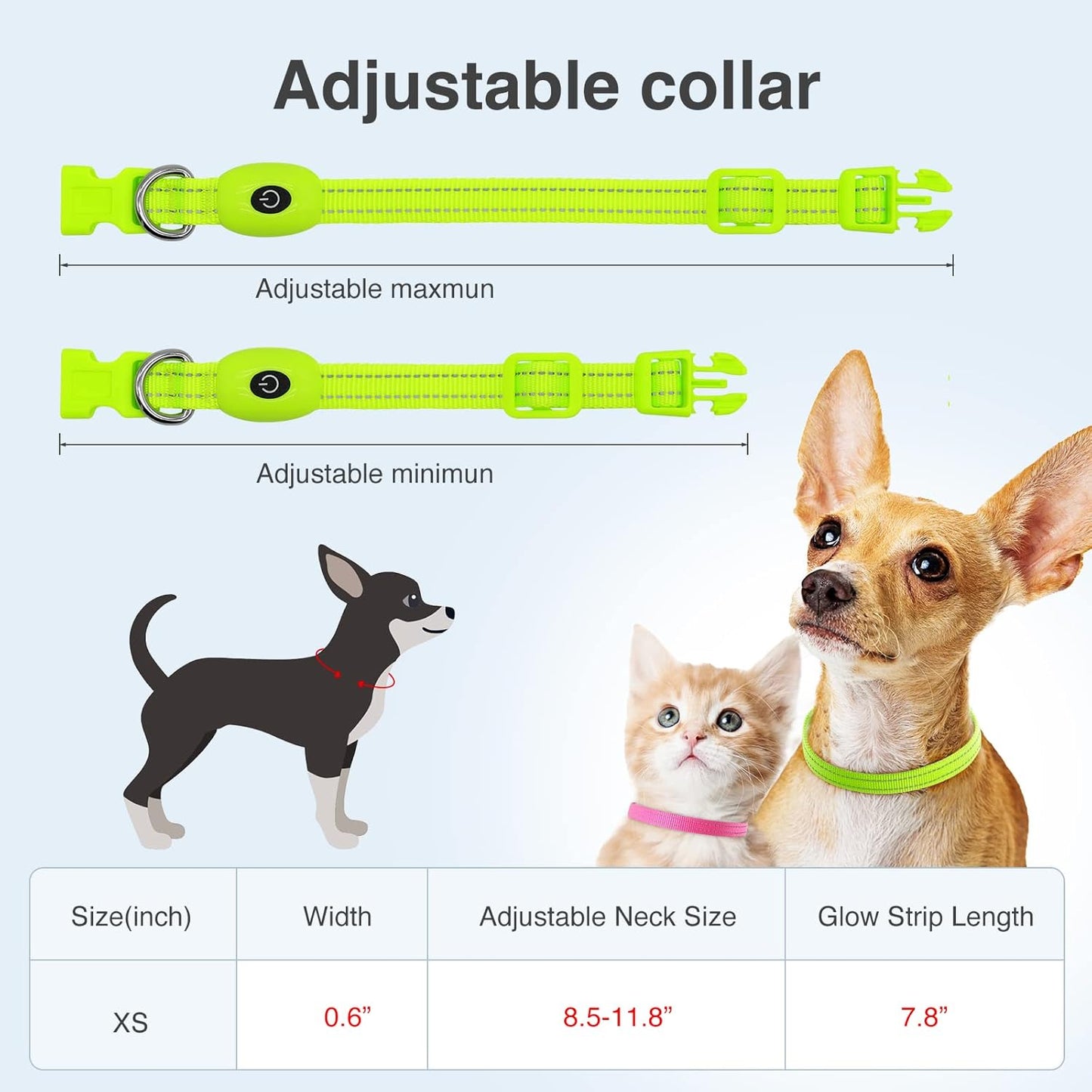 USB Rechargeable LED Dog Collar - Adjustable and Durable Light-Up Collar for Cats and Dogs of All Sizes (Green, XS)