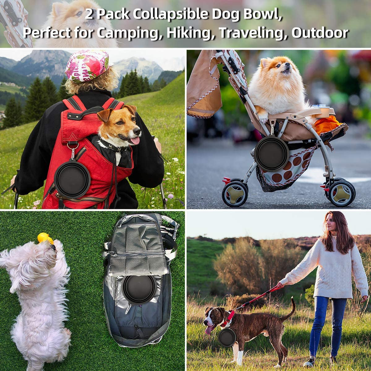 Large Collapsible Dog Bowls - 2 Pack, 34 Oz Portable Travel Bowls with Clasp for Pets, Ideal for Water and Food, Perfect for Traveling, Walking, and Hiking (Black)