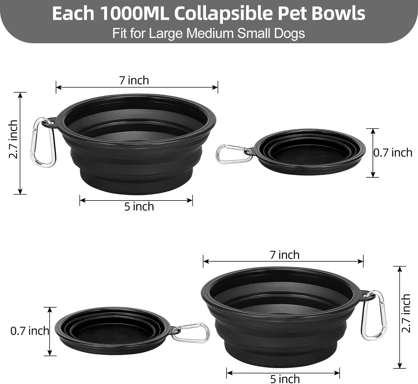 Large Collapsible Dog Bowls - 2 Pack, 34 Oz Portable Travel Bowls with Clasp for Pets, Ideal for Water and Food, Perfect for Traveling, Walking, and Hiking (Black)