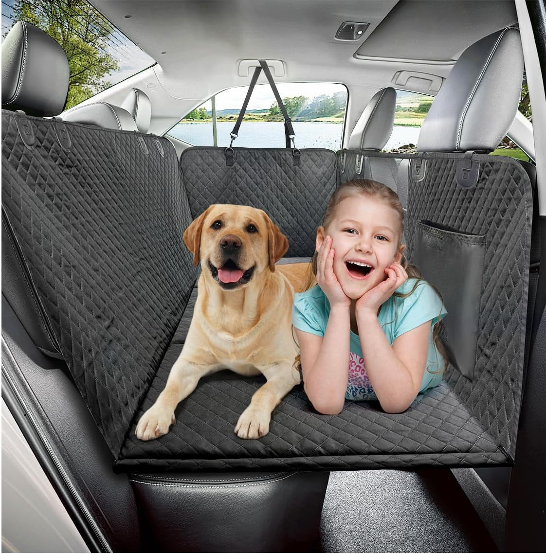 Premium Dog Car Seat Cover and Hammock for Backseat Protection in Cars, Trucks, and SUVs with Durable Hard Bottom Design